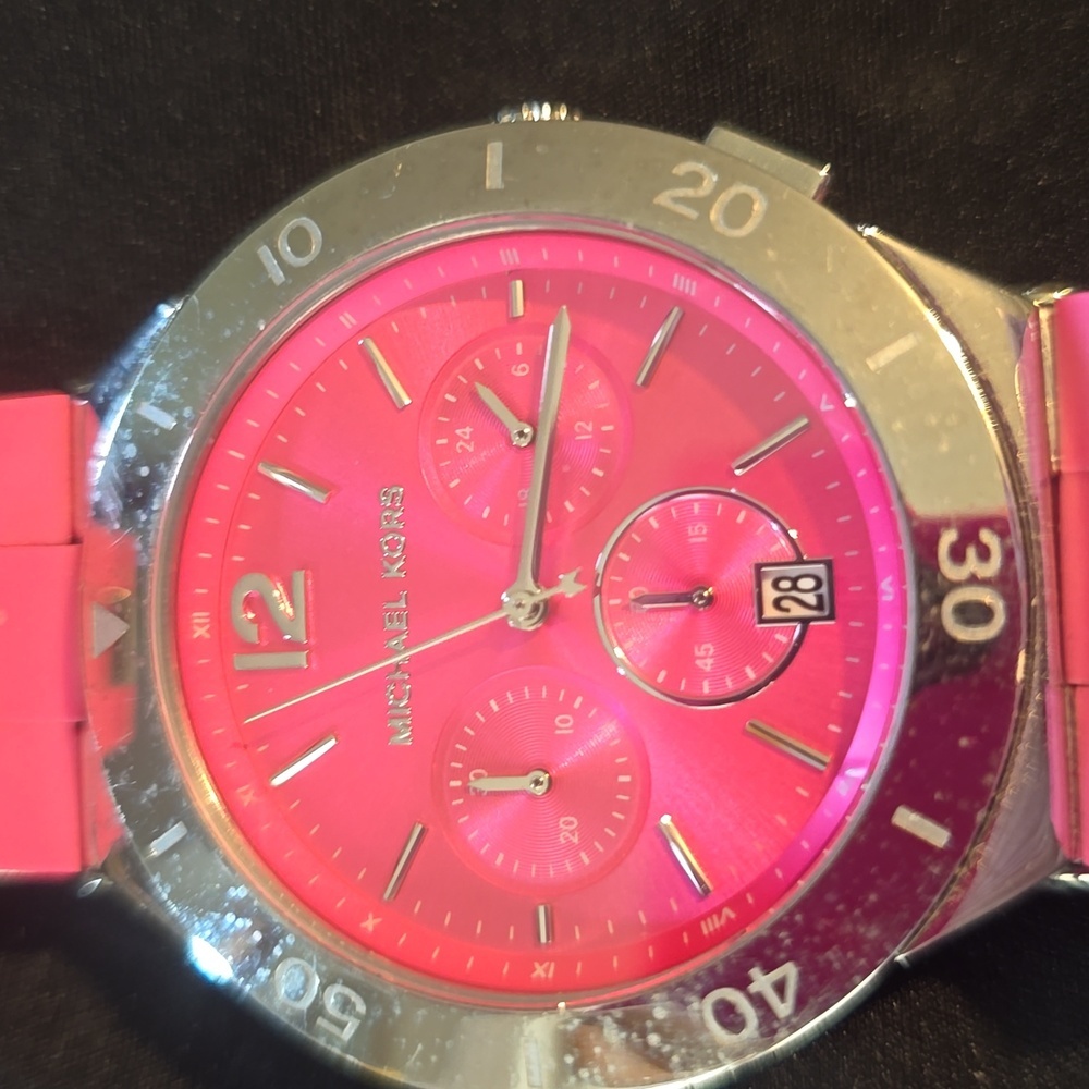 Michael Kors Vibrant Pink and Silver Chronograph Watch Silicone/ Metal Small - Picture 6 of 12